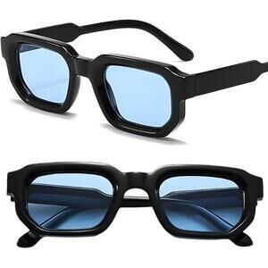 Fashion Rectangular Sunglasses Black Frame Blue Lenses UV400 Oversized Design
